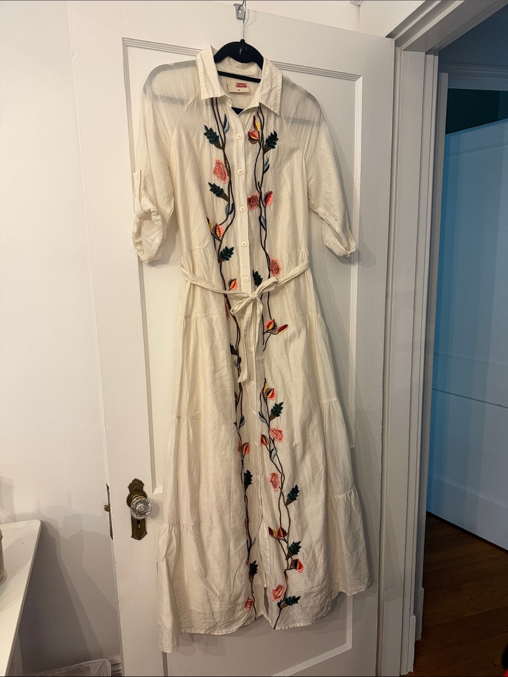 Anthropologie Cream Embroidered Tie-Waist Maxi Dress